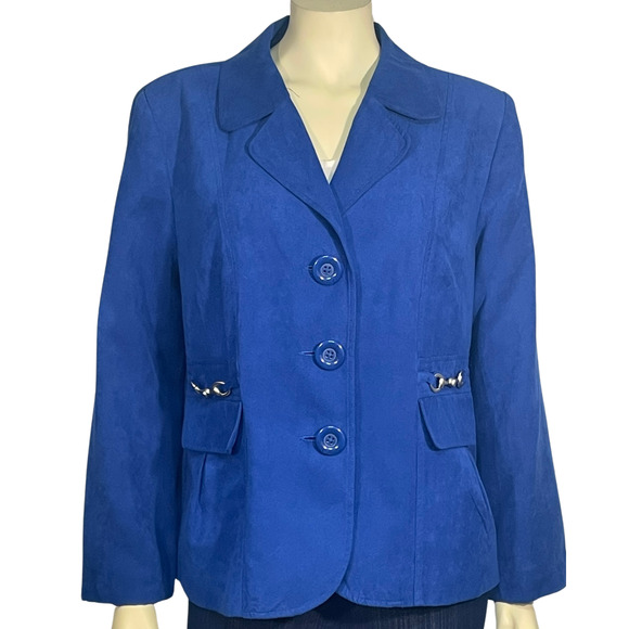 Studio Works Sz 14 Blazer Suit Jacket Equestrian Details Lined Blue Suede Fabric - Picture 1 of 11